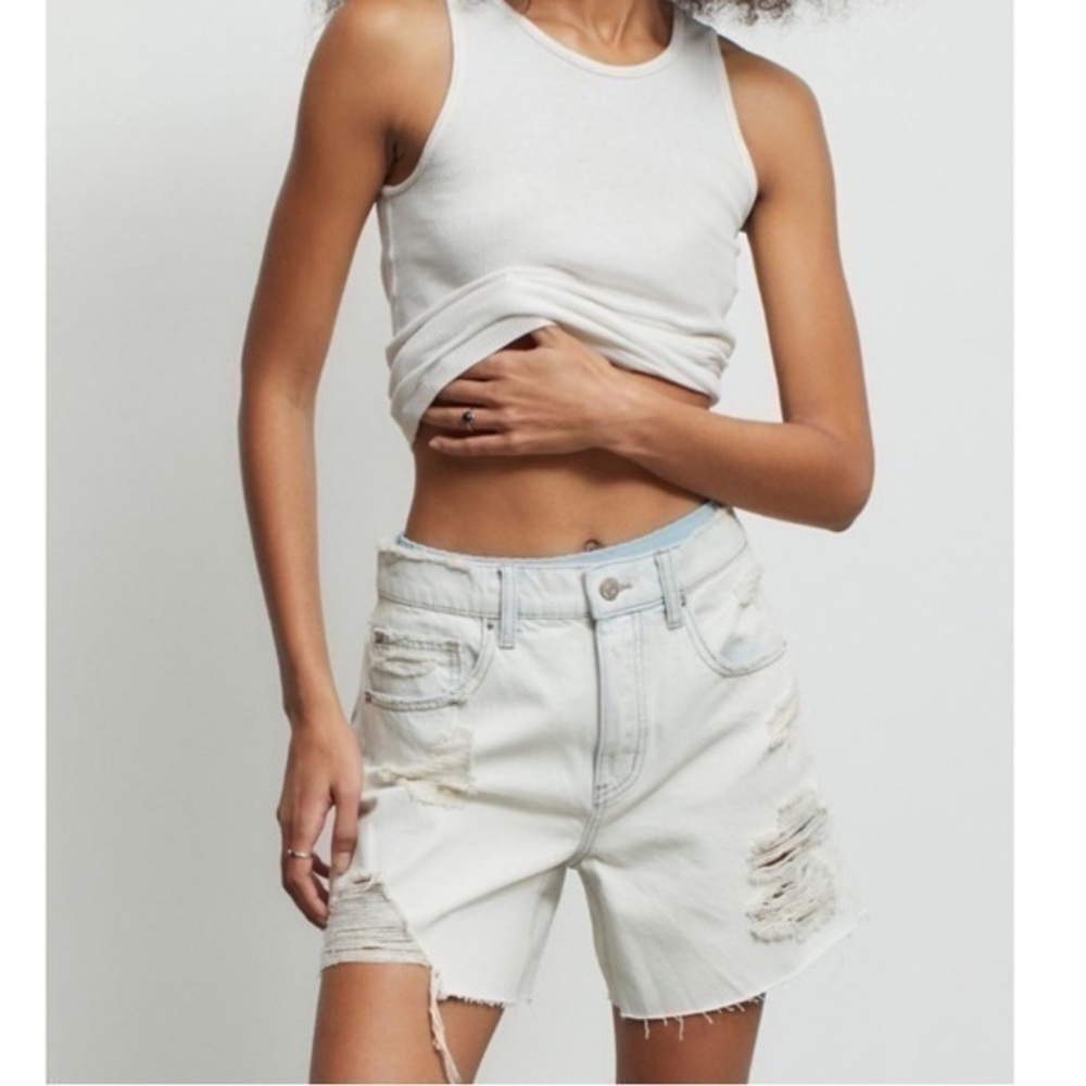 NWT BDG Distressed Denim Jean Shorts Light Blue Dropped High Waist Long Inseam